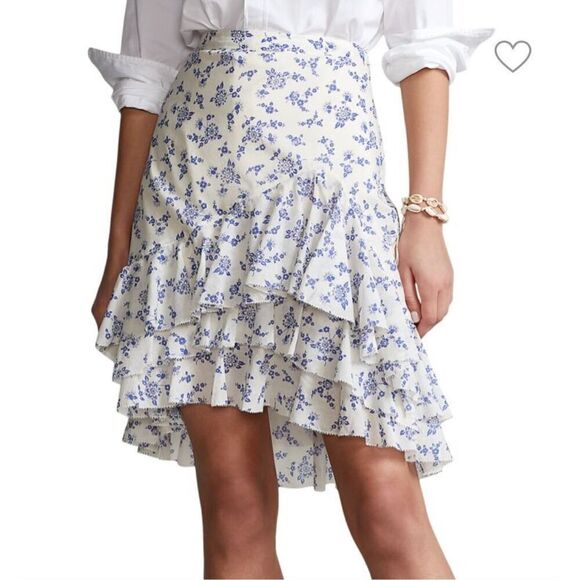 POLO RALPH LAUREN Ruffled Floral Cotton Miniskirt in Blue & White NWT Size 10 - Picture 1 of 9